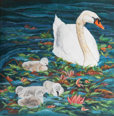 Pittura intitolato "Swans/ Family" da Athanasia Karatza, Opera d'arte originale, Acrilico Montato su Telaio per barella in l…