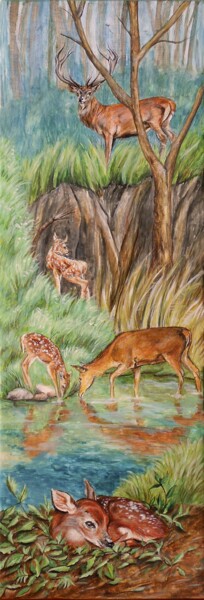 Painting titled "Deers/ Moments of j…" by Athanasia Karatza, Original Artwork, Acrylic Mounted on Wood Stretcher frame