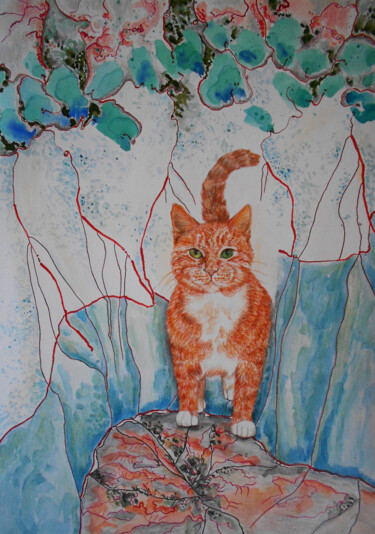 Ζωγραφική με τίτλο "Cat I" από Athanasia Karatza, Αυθεντικά έργα τέχνης, Ακουαρέλα