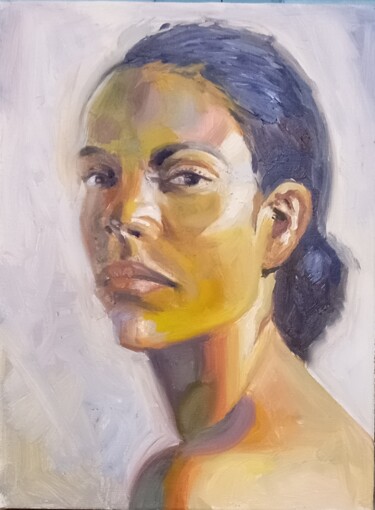 Painting titled "Portrait woman 3" by Athanasios Ksagaras, Original Artwork, Oil Mounted on Wood Stretcher frame