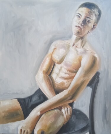 Painting titled "Nude man 1" by Athanasios Ksagaras, Original Artwork, Oil Mounted on Wood Stretcher frame