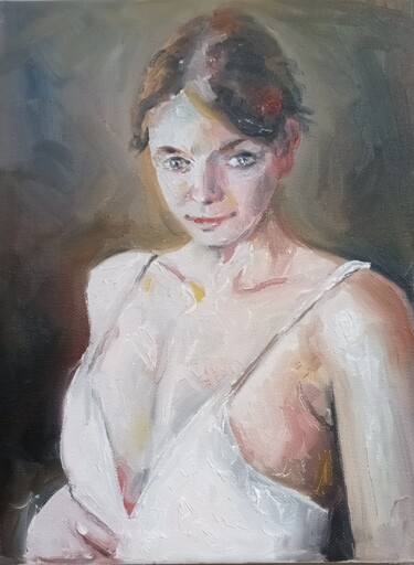 Painting titled "Woman portrait 7" by Athanasios Ksagaras, Original Artwork, Oil Mounted on Wood Stretcher frame