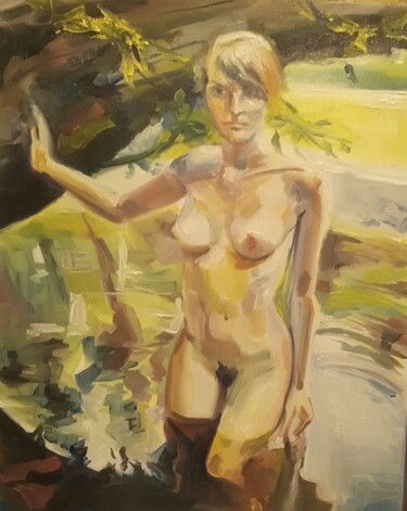 Painting titled "Woman in nature" by Athanasios Ksagaras, Original Artwork, Oil Mounted on Wood Stretcher frame