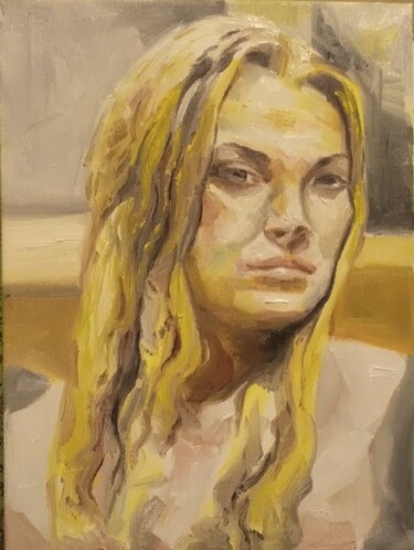 Painting titled "Woman portrait 72" by Athanasios Ksagaras, Original Artwork, Oil Mounted on Wood Stretcher frame
