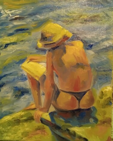 Painting titled "Book girl" by Athanasios Ksagaras, Original Artwork, Oil Mounted on Wood Stretcher frame