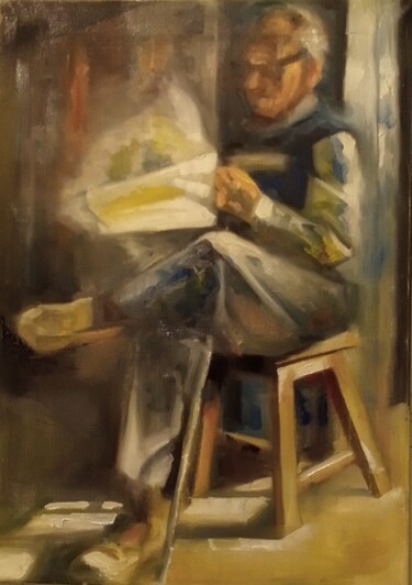 Painting titled "Old man" by Athanasios Ksagaras, Original Artwork, Oil Mounted on Wood Stretcher frame