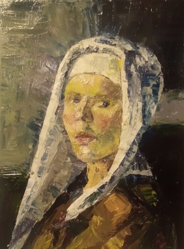 Painting titled "Woman portrait 965" by Athanasios Ksagaras, Original Artwork, Oil Mounted on Wood Stretcher frame