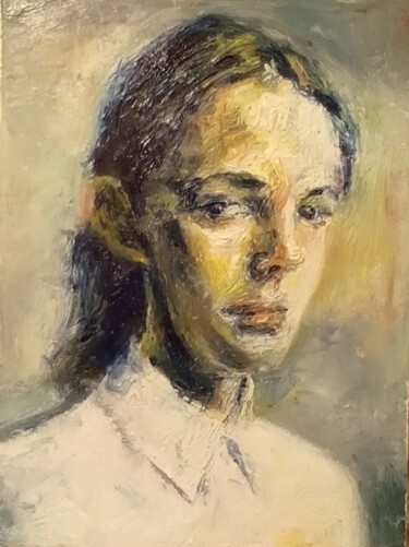 Painting titled "Woman portrait 842" by Athanasios Ksagaras, Original Artwork, Oil Mounted on Wood Stretcher frame