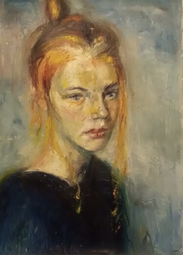 Painting titled "Woman portrait 750" by Athanasios Ksagaras, Original Artwork, Oil Mounted on Wood Stretcher frame