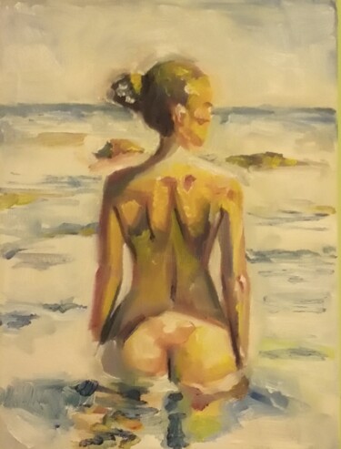 Painting titled "Nude model 879" by Athanasios Ksagaras, Original Artwork, Oil Mounted on Wood Stretcher frame