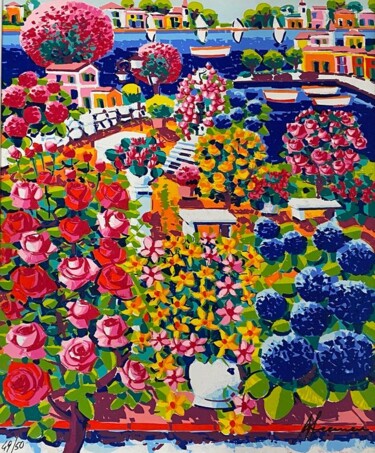 Incisioni, stampe intitolato "Giardino fiorito su…" da Athos Faccincani, Opera d'arte originale, Serigrafia Montato su Telai…