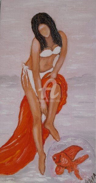 Painting titled "La baigneuse" by A.Tika, Original Artwork, Oil Mounted on Wood Stretcher frame