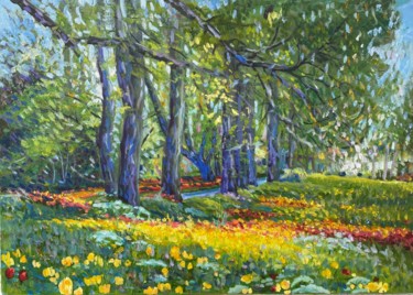 Painting titled "Цветы в парке" by Ara Avetisyan, Original Artwork, Oil Mounted on Wood Stretcher frame