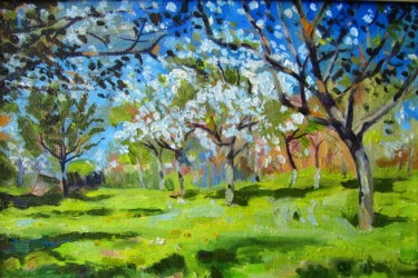 Pintura intitulada "Весна, яблони" por Ara Avetisyan, Obras de arte originais, Óleo Montado em Cartão
