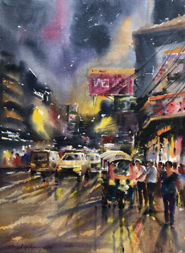 Painting titled "Walking in the Rain" by Attasit Pokpong, Original Artwork, Acrylic