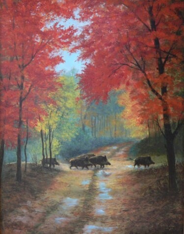 Pintura intitulada "autumn woods" por Attila Karácsony, Obras de arte originais
