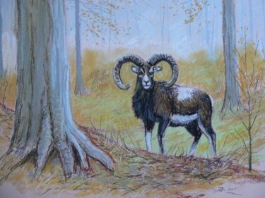 Schilderij getiteld "mouflon in forest" door Attila Karácsony, Origineel Kunstwerk