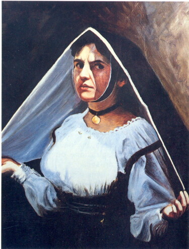 Painting titled "Femme en costume sa…" by Attilio Frau, Original Artwork, Oil Mounted on Wood Panel
