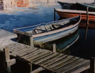 Painting titled "Barca a sa Scafa" by Attilio Frau, Original Artwork, Oil Mounted on Wood Stretcher frame