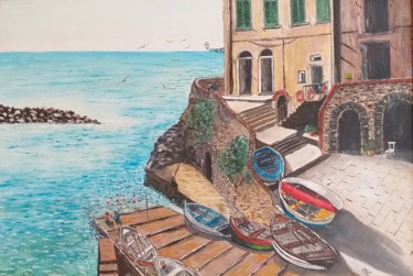 Peinture intitulée "Balcon sur la mer" par Beppe, Œuvre d'art originale, Huile