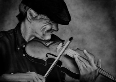 Zeichnungen mit dem Titel "Street Violinist" von Aubin De Jongh, Original-Kunstwerk, Tinte