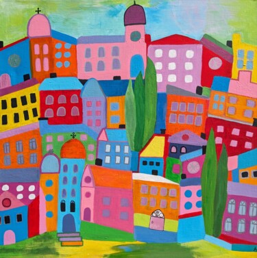 Painting titled "Village en toscane" by Aude Billerot, Original Artwork, Acrylic