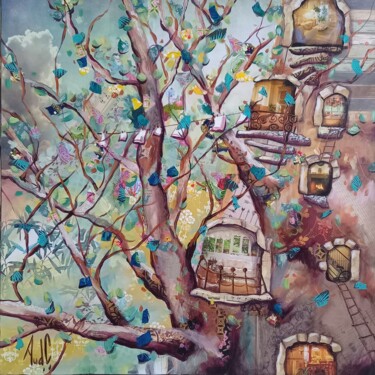 Painting titled "Linge au balcon" by Aude Charrière, Original Artwork, Collages