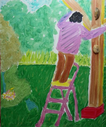 Peinture intitulée "Homme à l'échelle" par Aude Peris, Œuvre d'art originale, Acrylique Monté sur Châssis en bois