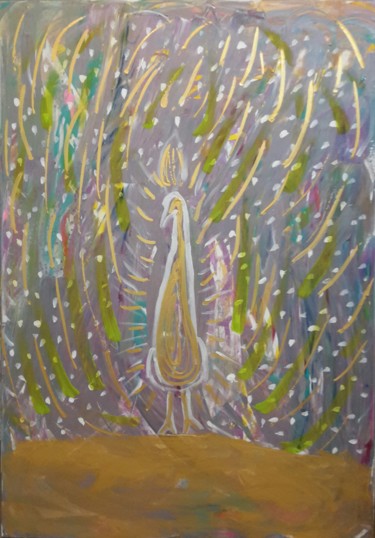「The golden peacock.」というタイトルの絵画 Aude Perisによって, オリジナルのアートワーク, アクリル ウッドストレッチャーフレームにマウント