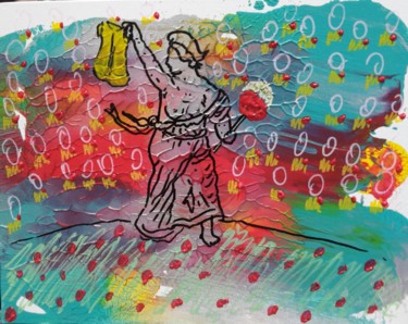 Картина под названием "Coquelicots / gilet…" - Aude Peris, Подлинное произведение искусства, Акрил Установлен на картон