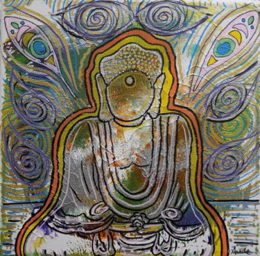 绘画 标题为“Bouddha de lumière.” 由Aude Peris, 原创艺术品, 丙烯 安装在木质担架架上