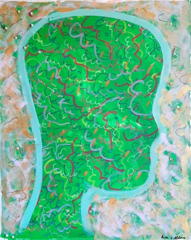 Painting titled "tête profil vert" by Aude Peris, Original Artwork, Acrylic Mounted on Wood Stretcher frame
