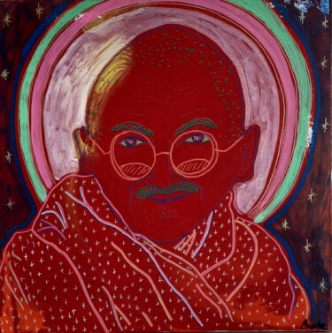 Malarstwo zatytułowany „Gandhi” autorstwa Aude Peris, Oryginalna praca, Akryl Zamontowany na Drewniana rama noszy
