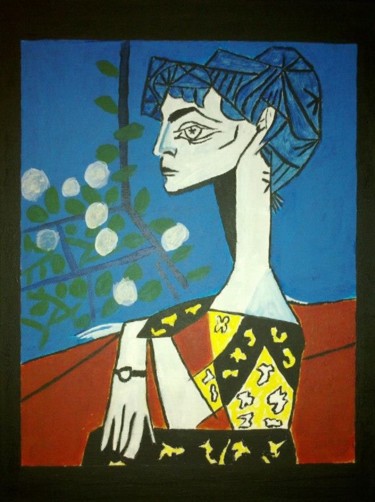 Malerei mit dem Titel "Jacqueline assise d…" von Gwen Audebert, Original-Kunstwerk, Acryl
