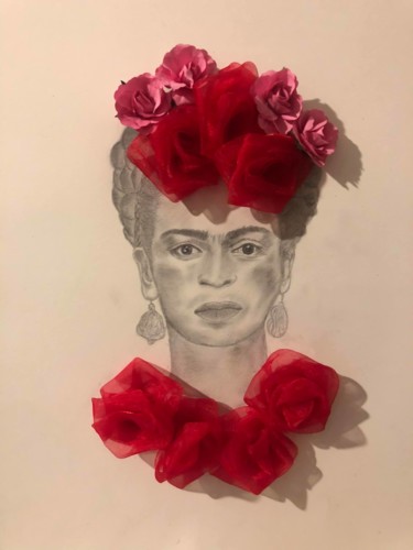 Drawing titled "MME FRIDA KHALO" by Aude Matias Da Costa, Original Artwork, Pencil Mounted on Glass