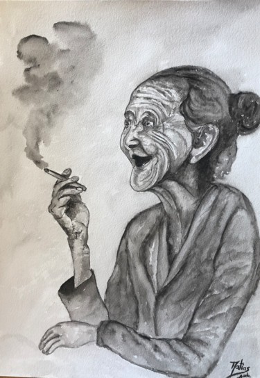 Pintura intitulada "La Joyeuse fumée" por Aude Matias Da Costa, Obras de arte originais, Aquarela Montado em Outro painel rí…