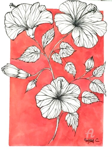 Drawing titled "Hibiscus" by Mzelle Cecca Artwork, Original Artwork, Marker