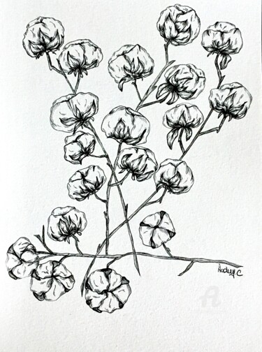 Dessin intitulée "Fleurs de coton" par Mzelle Cecca Artwork, Œuvre d'art originale, Marqueur