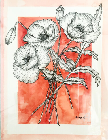 Dessin intitulée "Coquelicots" par Mzelle Cecca Artwork, Œuvre d'art originale, Marqueur