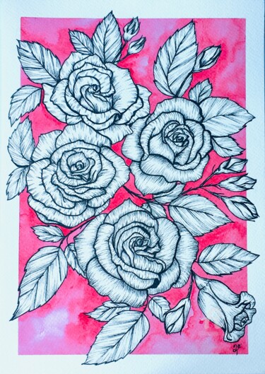 Disegno intitolato "rose tattoo art" da Mzelle Cecca Artwork, Opera d'arte originale, Inchiostro