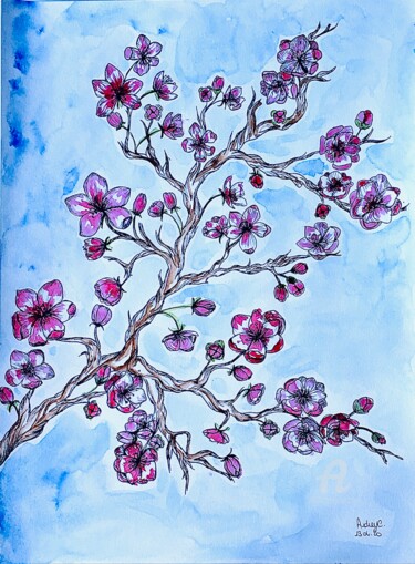 Drawing titled "branche de cerisier" by Mzelle Cecca Artwork, Original Artwork, Watercolor