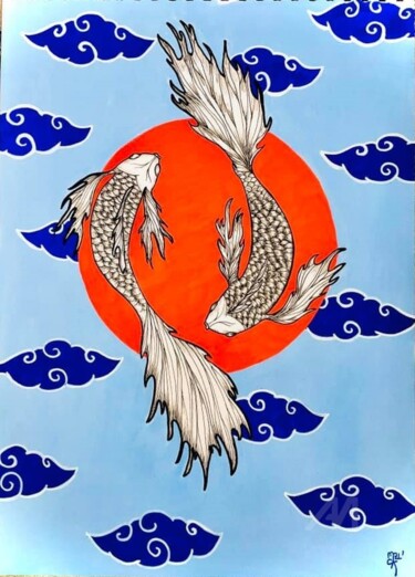 Dibujo titulada "carpes koi en symét…" por Mzelle Cecca Artwork, Obra de arte original, Tinta