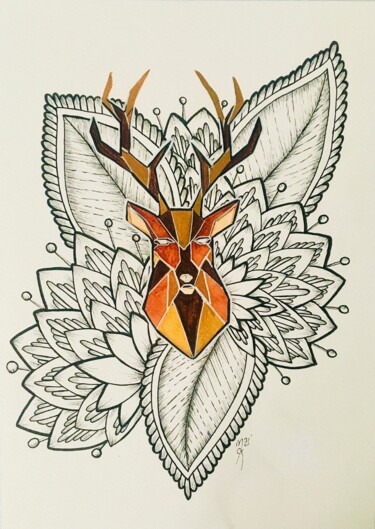 Disegno intitolato "Cerf origami" da Mzelle Cecca Artwork, Opera d'arte originale, Inchiostro