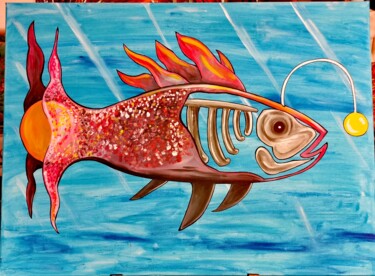 Painting titled "Le Poisson" by Audrey Chaa, Original Artwork, Acrylic Mounted on Wood Stretcher frame