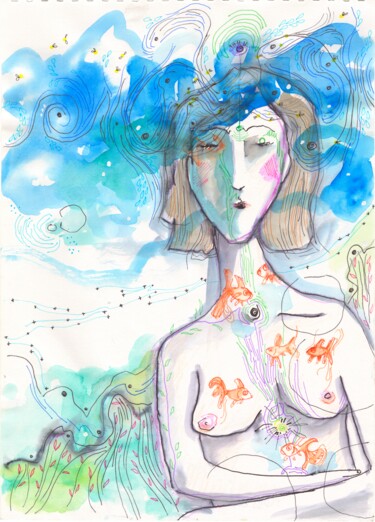 Malerei mit dem Titel "La Femme Aux Poisso…" von Audrey Denis, Original-Kunstwerk, Aquarell