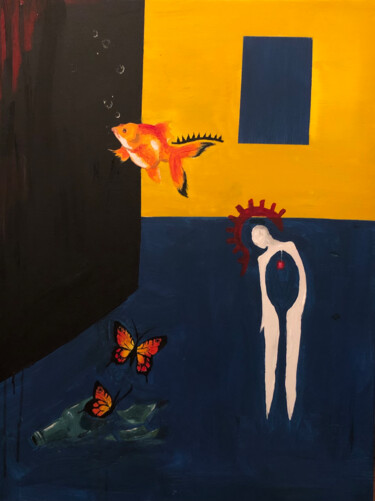 Painting titled "Poisson" by Audrey Laverne, Original Artwork, Acrylic Mounted on Wood Stretcher frame