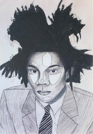 Painting titled "Basquiat portrait" by Audrey Laverne, Original Artwork, Ballpoint pen Mounted on Wood Stretcher frame