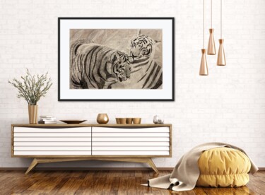 Σχέδιο με τίτλο "les deux tigres" από Audrey Letheux, Αυθεντικά έργα τέχνης, Κάρβουνο Τοποθετήθηκε στο Χαρτόνι