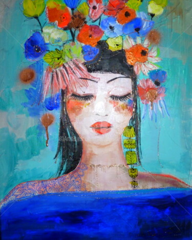 Painting titled "Belle aux fleurs" by Audrey Marienkoff, Original Artwork, Acrylic
