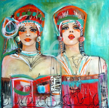 Painting titled "Retro Girls" by Audrey Marienkoff, Original Artwork, Acrylic Mounted on Wood Stretcher frame
